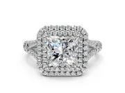Double Halo Engagement Ring Setting for Princess Cut Center with Narrow Pave Split Shank and Prong Head in Platinum