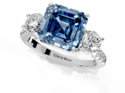 3 Stone Engagement Ring Setting for Fancy Blue Asscher Cut Center with Crossover Basket, Pave Band and Prong Head in Platinum
