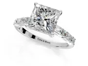 Baguette Engagement Ring Setting for Princess Cut Center with Alternating Bar-Set Band and Prong Head in Platinum