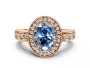 Milgrain Halo Engagement Ring Setting for Fancy Blue Oval Center with Pave Band and Prong Head in Rose Gold