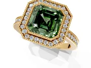 Halo Engagement Ring Setting for Fancy Green Asscher Cut Center with Milgrain Halo, Pave Band and Prong Head in Yellow Gold