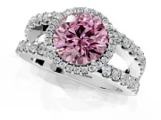 Halo Engagement Ring Setting for Fancy Pink Round Cut Center with Wide-Open Pave Split Shank and Prong Head in Platinum