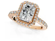 Halo Engagement Ring Setting for Radiant Cut Center with Inner Milgrain Border and Prong Head in Rose Gold