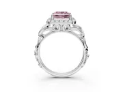 Halo Engagement Ring Setting for Fancy Pink Princess Cut Center with Open Scroll Shoulders and Prong Head in Platinum
