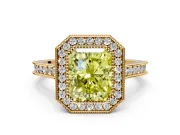 Halo Engagement Ring Setting for Fancy Yellow Radiant Cut Center with Milgrain Pave Band and Bezel Head in Yellow Gold
