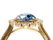 Milgrain Halo Engagement Ring Setting for Fancy Blue Round Cut Center with Bezel Point Accents and Prong Head in Yellow Gold