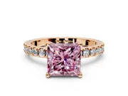 Solitaire Engagement Ring Setting for Fancy Pink Princess Cut Center with Fine Pave Band and Claw Prong Head in Rose Gold