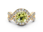 Halo Engagement Ring Setting for Fancy Yellow Cushion Cut Center with Pave Infinity Twist Band and Prong Head in Yellow Gold