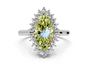 Starburst Halo Engagement Ring Setting for Fancy Yellow Marquise Center with Thin Round-Wire Band and Prong Head in Sterling Silver