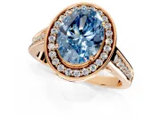 Halo Engagement Ring Setting for Fancy Blue Oval Center with Outer Bezel Rim, Pave Band and Prong Head in Rose Gold