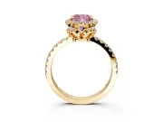 Halo Engagement Ring Setting for Fancy Pink Cushion Cut Center with Openwork Halo, Pave Band and Prong Head in Yellow Gold