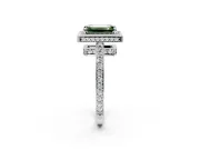Halo Engagement Ring Setting for Fancy Green Emerald Cut Center with Metal-Rimmed Halo, Pave Band and Prong Head in White Gold