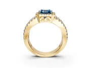 Halo Engagement Ring Setting for Fancy Blue Asscher Cut Center with Wide-Open Pave Split Shank and Prong Head in Yellow Gold