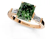3 Stone Engagement Ring Setting for Fancy Green Radiant Cut Center with Channel Baguette Accents and Prong Head in Rose Gold