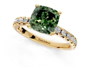 Solitaire Engagement Ring Setting for Fancy Green Cushion Cut Center with Large Accents and Prong Head in Yellow Gold