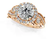 Milgrain Halo Engagement Ring Setting for Round Cut Center with Shoulder Bezels and Prong Head in Rose Gold