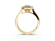 Halo Engagement Ring Setting for Fancy Blue Emerald Cut Center with Milgrain Pave Band and Bezel Head in Yellow Gold