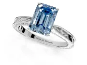 Solitaire Engagement Ring Setting for Fancy Blue Emerald Cut Center with Engraved Milgrain Band and Prong Head in White Gold