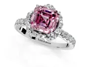 Halo Engagement Ring Setting for Fancy Pink Asscher Cut Center with Openwork Halo, Pave Band and Prong Head in White Gold
