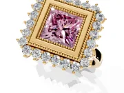 Halo Engagement Ring Setting for Fancy Pink Princess Cut Center with Milgrain Bezel Rim, Plain Band and Prong Head in Yellow Gold