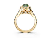 Solitaire Engagement Ring Setting for Fancy Green Cushion Cut Center with Pave Cathedral Shoulders and Prong Head in Yellow Gold