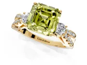 3 Stone Engagement Ring Setting for Fancy Yellow Asscher Cut Center with Pave Split Shank and Prong Head in Yellow Gold