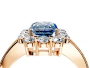 Halo Engagement Ring Setting for Fancy Blue Radiant Cut Center with Milgrain Channel Band and Prong Head in Rose Gold