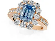 Halo Engagement Ring Setting for Fancy Blue Emerald Cut Center with Milgrain Channel Band and Prong Head in Rose Gold