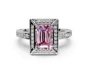 Halo Engagement Ring Setting for Fancy Pink Emerald Cut Center with Framed Halo, Pave Band and Prong Head in Platinum