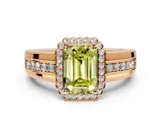 Halo Engagement Ring Setting for Fancy Yellow Emerald Cut Center with Wide Band, Inlaid Accent Row and Prong Head in Rose Gold