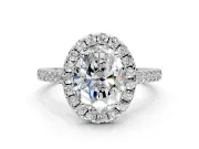Halo Engagement Ring Setting for Oval Center with Narrowing Pave Band and Prong Head in Platinum