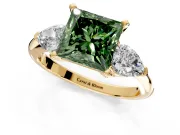 3 Stone Engagement Ring Setting for Fancy Green Princess Cut Center with Large Pear-Shaped Accents and Prong Head in Yellow Gold