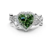 Halo Engagement Ring Setting for Fancy Green Heart-Shaped Center with Leaf Motif Split Shank and Prong Head in Sterling Silver