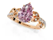 Leaf Motif Engagement Ring Setting for Fancy Pink Pear-Shaped Center with Pave Band and Prong Head in Rose Gold