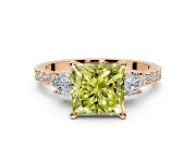 3 Stone Engagement Ring Setting for Fancy Yellow Princess Cut Center with Round Cut Side Accents and Prong Head in Rose Gold