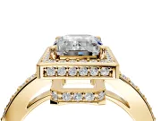 Halo Engagement Ring Setting for Emerald Cut Center with Metal-Rimmed Halo, Pave Band and Prong Head in Yellow Gold