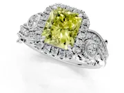 Milgrain Halo Engagement Ring Setting for Fancy Yellow Radiant Cut Center with Shoulder Bezels and Prong Head in White Gold