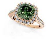 Halo Engagement Ring Setting for Fancy Green Cushion Cut Center with Narrowing Pave Band and Prong Head in Rose Gold