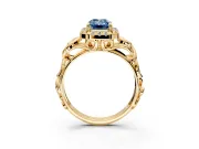 Halo Engagement Ring Setting for Fancy Blue Emerald Cut Center with Open Scroll Shoulders and Prong Head in Yellow Gold