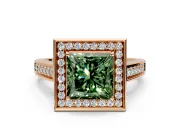 Halo Engagement Ring Setting for Fancy Green Princess Cut Center with Outer Bezel Rim, Pave Band and Prong Head in Rose Gold