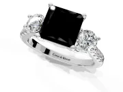 3 Stone Engagement Ring Setting for Fancy Black Princess Cut Center with Crossover Basket, Pave Band and Prong Head in Platinum
