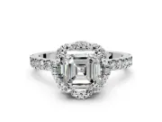 Floral Halo Engagement Ring Setting for Asscher Cut Center with Pave Band and Prong Head in Platinum