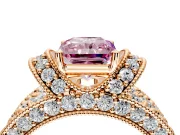 Pave Engagement Ring Setting for Fancy Pink Radiant Cut Center with Curved Accent Rows, Openwork and Prong Head in Rose Gold