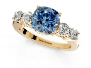 5 Stone Engagement Ring Setting for Fancy Blue Cushion Cut Center with Equal Close-Set Accents and Prong Head in Yellow Gold