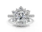 Floral Halo Engagement Ring Setting for Cushion Cut Center with Pave Accents and Prong Head in Sterling Silver