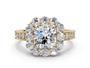 Halo Engagement Ring Setting for Cushion Cut Center with Milgrain Channel Band and Prong Head in Yellow Gold