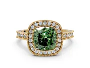 Halo Engagement Ring Setting for Fancy Green Cushion Cut Center with Milgrain Pave Band and Bezel Head in Yellow Gold