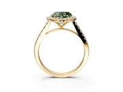 Halo Engagement Ring Setting for Fancy Green Heart-Shaped Center with Narrowing Pave Band and Prong Head in Yellow Gold