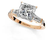 Bar-Set Engagement Ring Setting for Princess Cut Center with Tapered Baguette Accents and Prong Head in Rose Gold