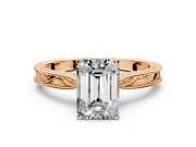 Solitaire Engagement Ring Setting for Emerald Cut Center with Engraved Milgrain Band and Prong Head in Rose Gold